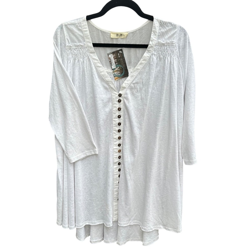 Jade by Jane White Ella Top Button Front Smocked V-Neck Blouse KRT1118 XL NEW